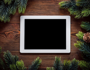 A blank tablet computer is placed on a rustic wooden surface decorated with pine branches and pinecones.