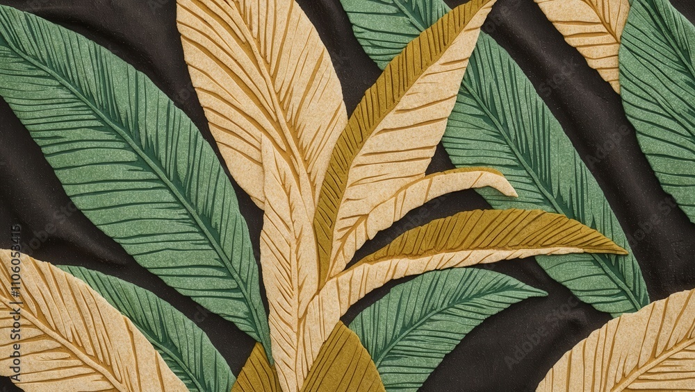 Poster closeup of tropical leaf motif with intricate patterns and textures