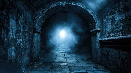 Dark Haunting Tunnel with Faint Light at the End Captures the Mystery and Intrigue of an Eerie Passageway in Shadows and Fog