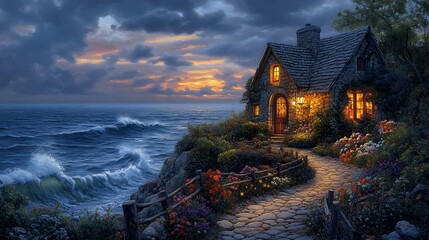 Inviting seaside cottage glowing with warm lights and serene ocean vibes picture