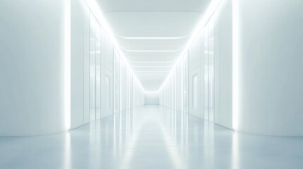 A white and clean corridor inside a modern medical building showcases sleek design, bright lighting, and advanced technology, creating an atmosphere of calm professionalism for patient care.