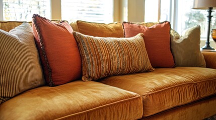A cozy living room with a warm color palette, featuring a comfortable sofa and decorative throw pillows