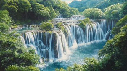 Obraz premium A serene waterfall cascading through lush greenery into a tranquil pool.