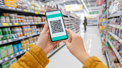 hand holding mobile phone with a QR code on screen