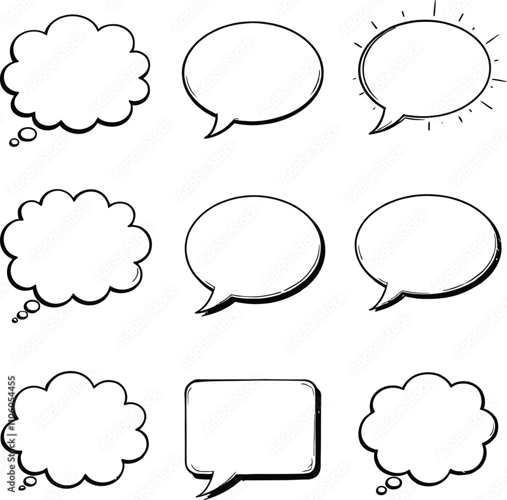 Poster blank empty speech and thought bubbles line art bundle vector illustration set