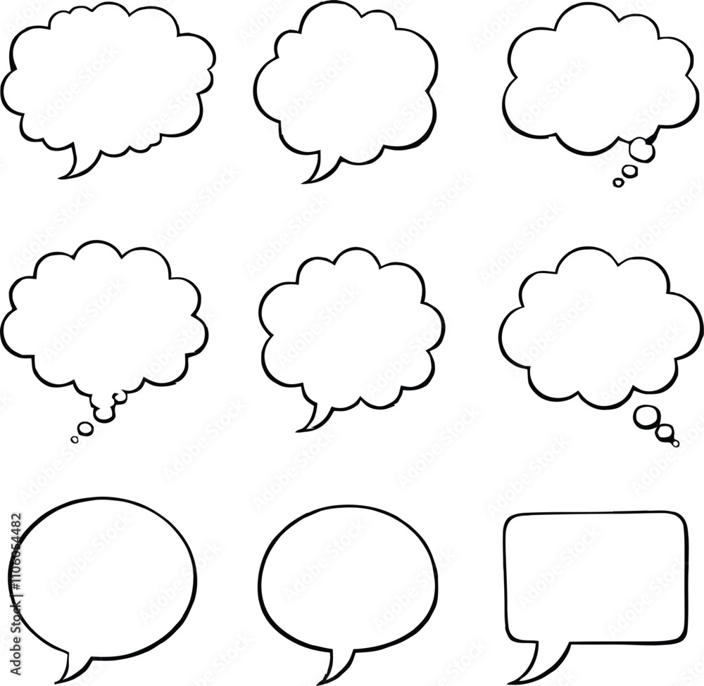 Poster blank empty speech and thought bubbles line art bundle vector illustration set