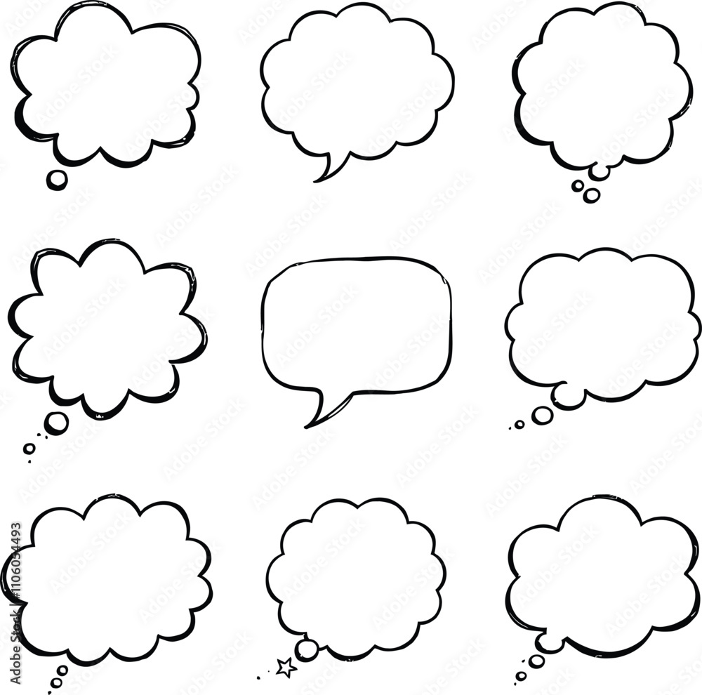 Poster blank empty speech and thought bubbles line art bundle vector illustration set