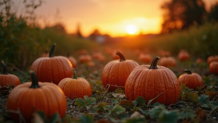 The sun sets over a vibrant pumpkin patch, illuminating numerous orange pumpkins laid out along a dirt path surrounded by verdant leaves. The sky glows warmly with sunset hues