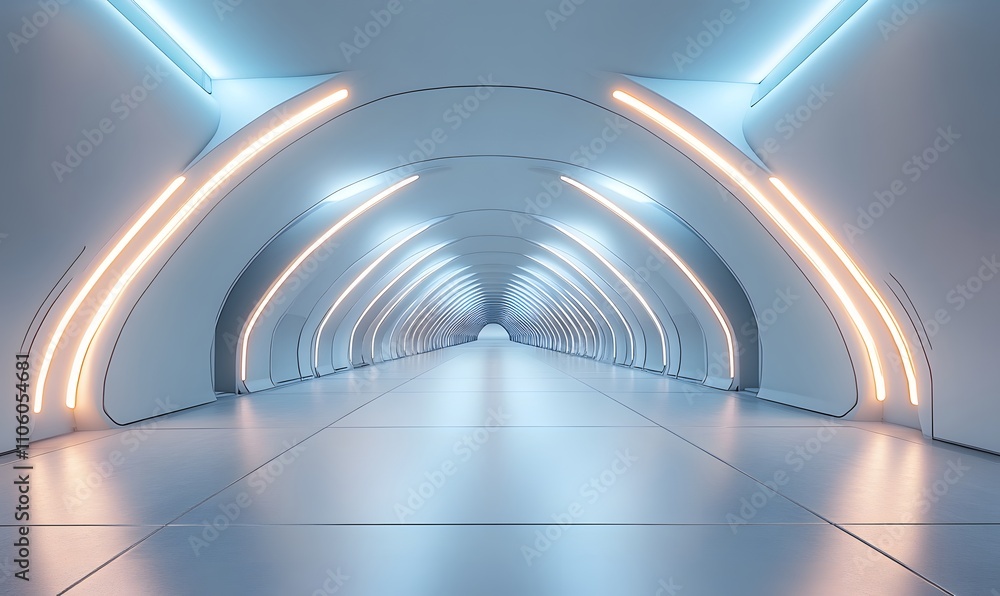 Aufkleber an empty corridor with a smooth, white surface and neon-lit triangular arches