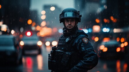 Police officer in tactical gear during a snowy night.