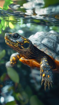 An awe-inspiring close-up photograph captures a turtle swimming gracefully underwater, highlighting its intricate shell patterns and serene aquatic environment.