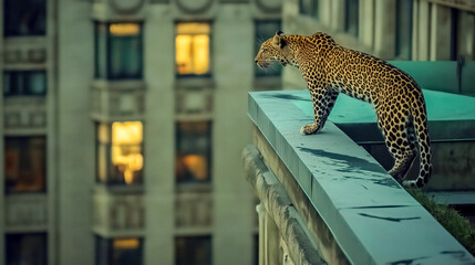 A striking leopard gazes over a cityscape from a rooftop, blending wild beauty with urban life. This stunning juxtaposition captures the essence of nature in the city.