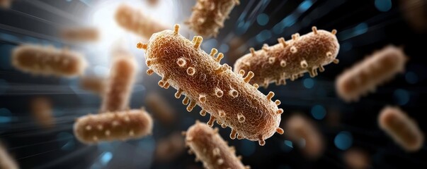 Dynamic composition of bacterial spores forming cascading patterns, with deep blues and greens, bacteria exposure, life under lens