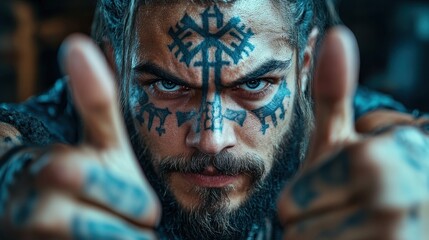 This dramatic image captures a tattooed man with fierce facial expressions, emphasizing a captivating connection between his striking tattoos and deep emotions.