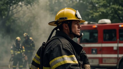 Fototapeta premium Firefighter standing bravely, symbolizing courage.