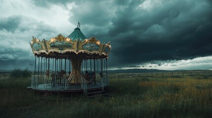 Fototapeta premium Abandoned Carousel Under Dark Stormy Sky in Desolate Landscape Evokes Haunting Beauty and Nostalgia of Forgotten Joys and Memories of a Past Era