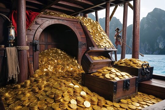 Swashbuckler's Treasure Hideout Overflowing with Gold Doubloons