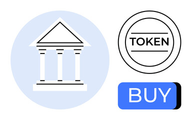 Bank building with columns, token symbol, and blue buy button. Ideal for financial technology presentations, digital assets, blockchain education, investment platforms, cryptocurrency tutorials