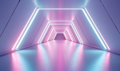 Fototapeta premium An empty corridor with a smooth, white surface and neon-lit triangular arches