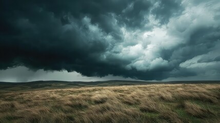 Dramatic Landscape of Desolate Moorland Under a Stormy Sky with Dark Clouds Gathering Over a Tumultuous Horizon