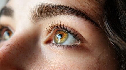 A detailed shot of a woman with striking eyes and natural makeup, showcasing her beauty