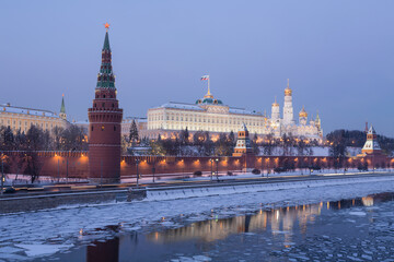 Evening winter Moscow. View of the Kremlin, Kremlin embankment and the Moscow River. Russia