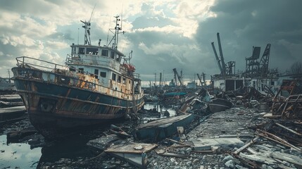 Fototapeta premium Abandoned Harbor with Wrecked Boats and Destroyed Structures Amidst an Overcast Sky Creating a Somber and Desolate Atmosphere in a Maritime Scene
