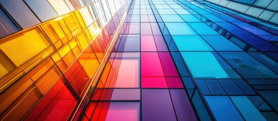 Obraz premium Colorful glass facade of a modern building with a low angle view from street level.