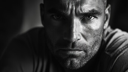 A dramatic black-and-white portrait of a man looking directly at the camera, showcasing his focused demeanor