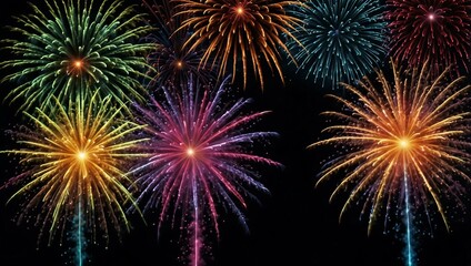 Naklejka premium Fireworks with ribbons and explosions in neon colors.