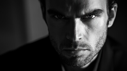 A dramatic black-and-white portrait of a man looking directly at the camera, showcasing his focused demeanor