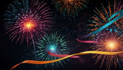 Fototapeta premium Fireworks with ribbons and explosions in neon colors.