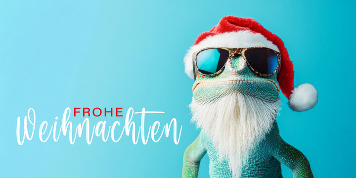 Frohe Weihnachten Urlaub Winter Gru&szlig;karte mit deutschem Text - S&uuml;&szlig;es Cham&auml;leon mit Weihnachtsmannm&uuml;tze und Sonnenbrille, isoliert auf rotem Hintergrund