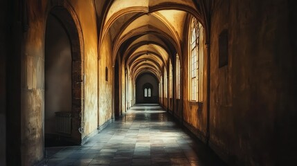 Dimly Lit Corridor in an Old Castle Evokes Eerie Atmosphere with Shadows and Sounds for Mysterious, Spooky Themes in Photography