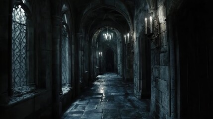 Fototapeta premium Eerie Dimly Lit Corridor in an Old Castle with Flickering Candlelight and Shadows Enhancing the Haunted Atmosphere of a Medieval Environment