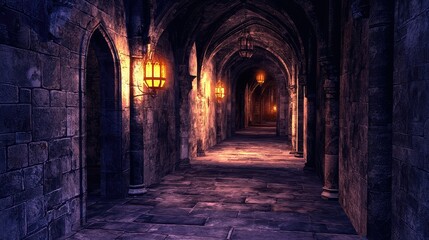 Obraz premium Dimly Lit Corridor Inside an Old Castle, Featuring Eerie Sounds and Atmospheric Lighting Creating a Mysterious and Enigmatic Ambience