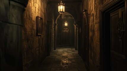 Fototapeta premium Dimly Lit Corridor in an Old Castle Featuring Eerie Sounds and Atmospheric Lighting for Mysterious and Spooky Themes in Photography and Art Projects