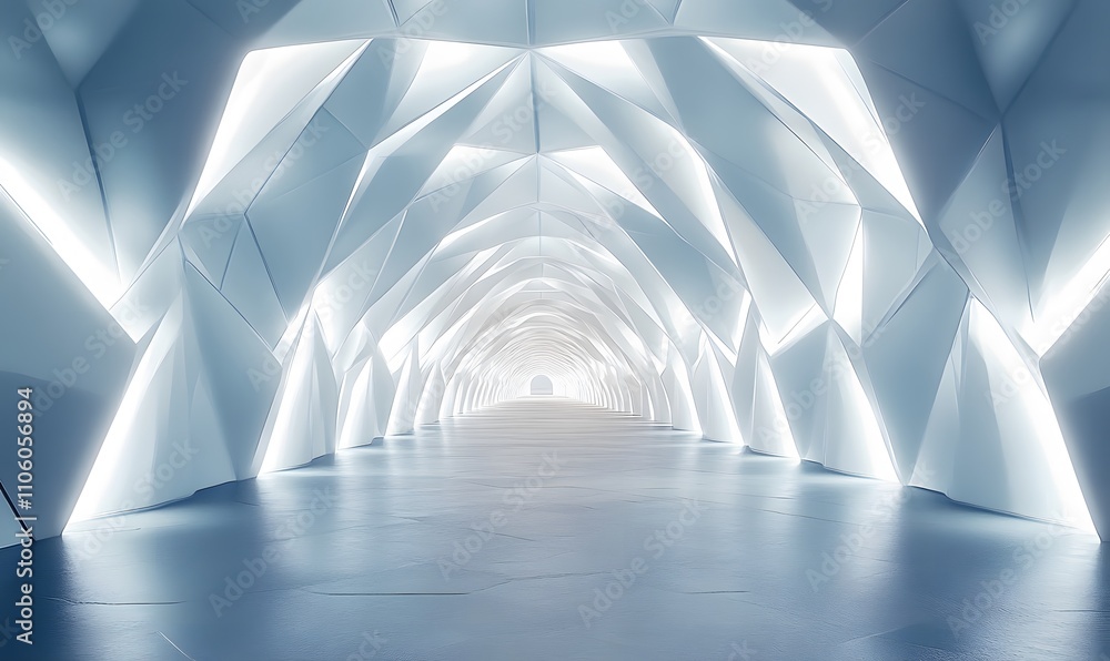 Poster a futuristic corridor with a white background and intricate triangular light patterns