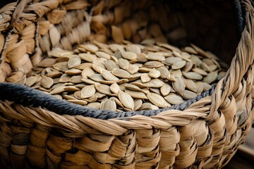 Native American Basket. Hand-Woven Basket with Raw Pumpkin Seeds for Healthy Eating