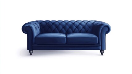 Fototapeta premium Elegant navy blue velvet Chesterfield sofa isolated on white.
