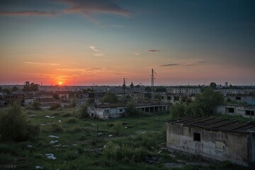 Fototapeta premium Postwar Landscape of a Rundown Town with Nature Reclaiming During Sunset