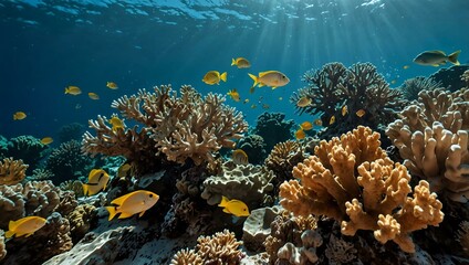 Obraz premium Fish swimming in sunny coral reef.