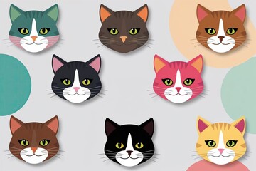 Funny Cartoon Cat Head Collection in Colorful Flat Illustration Style