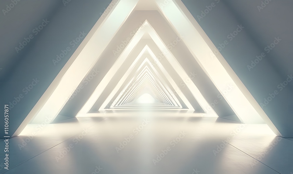 Poster a futuristic corridor with a white background and intricate triangular light patterns