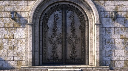 Obraz premium Elegant Arched Doorway Adorned with Detailed Iron Latticework Set Against a Stone Wall in a Grand Architectural Style
