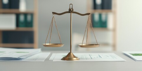 Social Responsibility Corporate Governance concept. Ethical balance scales on a minimalist desk, surrounded by corporate documents and a green energy blueprint