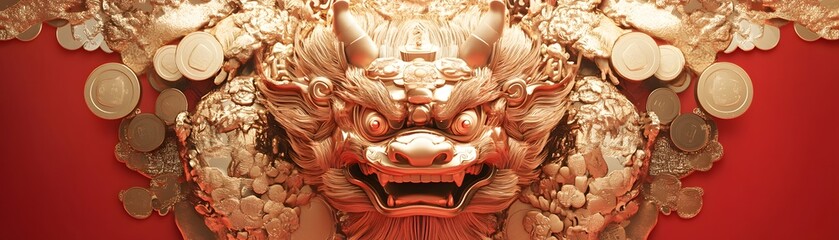 A striking close-up of an intricate golden lion sculpture against a vibrant red backdrop, symbolizing strength and prosperity