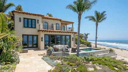 Stunning Exterior View of Beachfront Real Estate Property Showcasing Luxurious Design and Scenic Ocean Views Surrounded by Tropical Landscape and Palm Trees