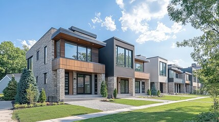Fototapeta premium Modern Suburban Neighborhood Architecture Featuring Stylish Homes with Unique Designs Amidst Lush Greenery and Clear Blue Skies