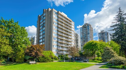 Modern High-Rise Apartment Building Surrounded by Lush Greenery and Scenic Views in Vibrant Urban Landscape Under Clear Blue Sky